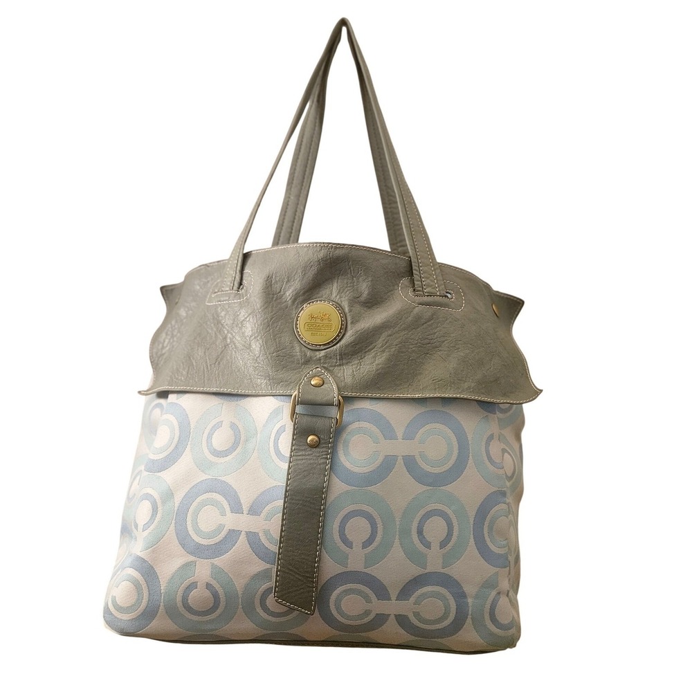 Coach Blue and Cream Patterned Tote with Gray Leather Trim